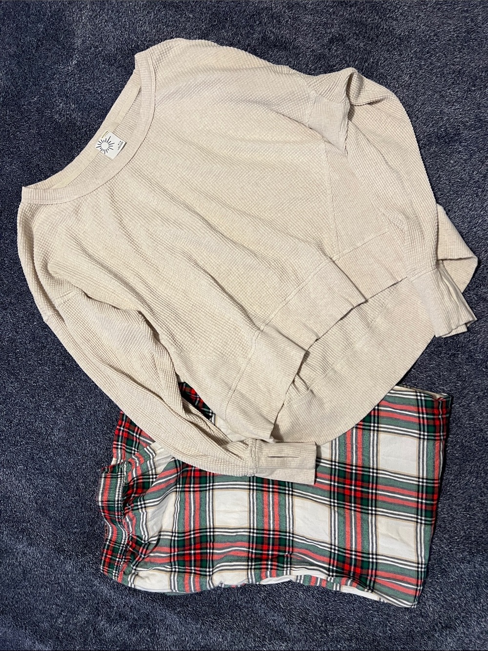 Beige Waffle Knit Pullover - Cozy Neutral Top and pats PJ set - Picture 1 of 4